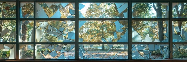 A broken window pane at Grady College