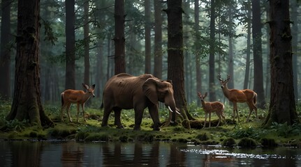 Fototapeta premium An animal group in a woodland coming together to look for water