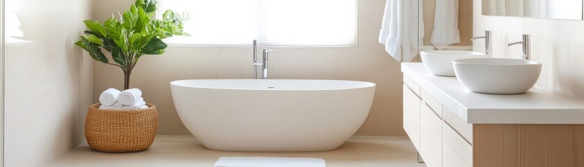 Modern bathroom features a stylish freestanding tub, minimalist design, and natural elements for a serene atmosphere.