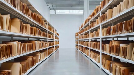 Obraz premium A long row of shelves filled with lots of files in a warehouse