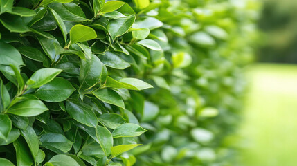 Close-up of lush green hedge with glossy leaves in a sunny garden. Perfect for nature, gardening, and landscape themes.