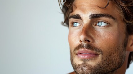 Obraz premium Close-up portrait of a handsome young man with blue eyes and a beard, looking away thoughtfully against a light background.
