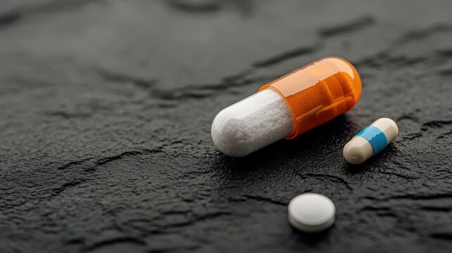 Chiaroscuro image of Zonisamide capsule on textured black surface.