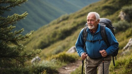 Elderly man hiking on a mountain trail. Middle-aged man hiking