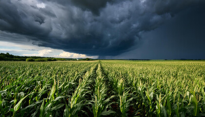 A cornfield under a dramatic stormy sky, with dark clouds rolling in and the wind rustling through the tall stalks, capturing the power and beauty of nature.