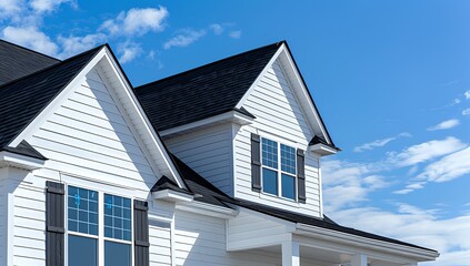 White Farmhouse with Black Roof and Shutters Under Blue Sky