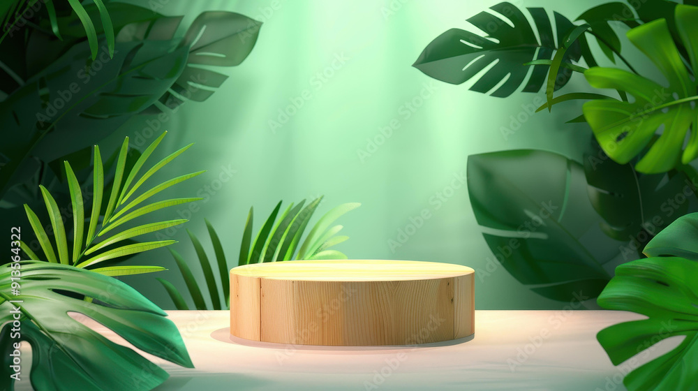 Wall mural A stylish 3D wooden podium nestled in a vibrant tropical forest, perfect for showcasing products within natures charm.