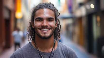 young smiling Australian aboriginal guy in casual clothes on city street, man, boy, nationality, indigenous population, teenager, urban background, portrait, person, people, businessman, student, teen