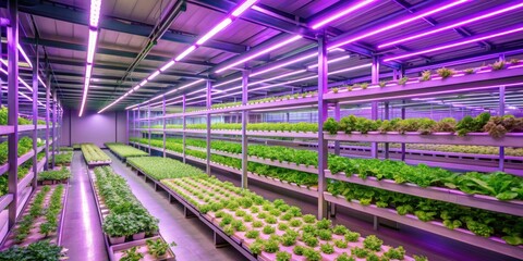 Indoor hydroponic vegetable farming with LED lighting in a controlled environment, hydroponics
