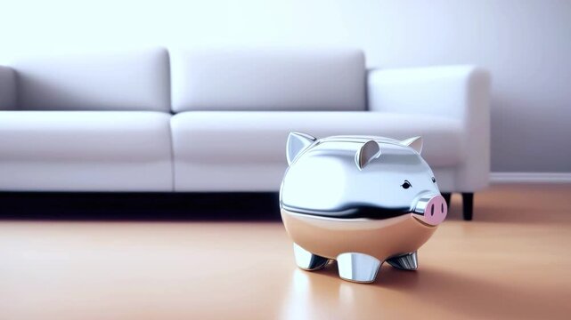 Shiny metallic piggy bank placed in a modern living room setting, symbolizing personal finance, savings, and investment, ideal for financial, home decor, or minimalist concepts.

