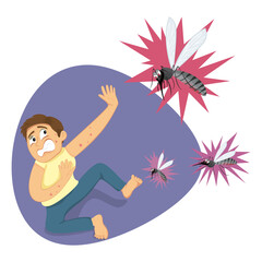 A man scared giant mosquitoes. Illustration, Vector,  Poster, Background or wallpaper.