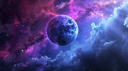 Fototapeta premium A Blue Planet in a Starry Sky with Purple and Blue Nebulae