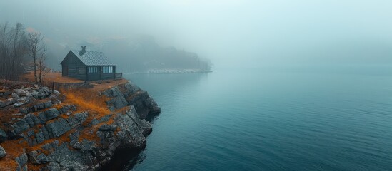 Fototapeta premium Serene Lakeside Cabin in Misty Morning Fog with Rocky Shoreline and Calm Waters