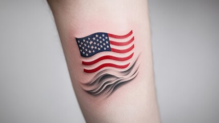 Tattoo featuring the American flag in a rippling effect, with realistic shading that gives the impression of movement and depth