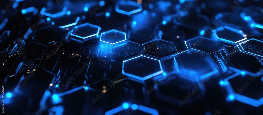 Poster glowing blue hexagonal pattern on a dark background representing modern technology 3d rendering