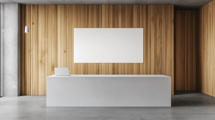 Front view of a modern interior design office featuring white table, concrete floor, and wooden walls with space for your poster or picture frame behind a blank grey partition. 3D modeling and mockup