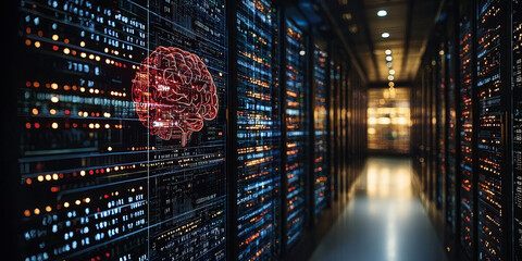 Abstract brain and binary code circuit on blue wallpaper. Chip, data, ai, and future concept