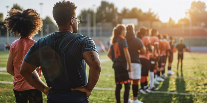 A coach stands with his team on a field, watching and preparing for their upcoming game.
