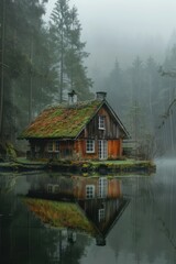 Fototapeta premium Charming Rustic Cabin with Moss-Covered Roof by a Tranquil Lake in a Misty Forest