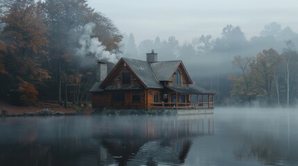 Fototapeta premium Cozy Wooden Cabin by the Misty Lake in Autumn Forest with Smoke from Chimney