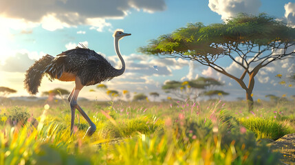 Ostrich walking in African savanna with golden light.