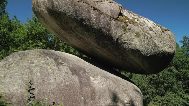 Huge Granitic Boulders Resting On Steep Slopes At Pena do Equilibrio In Ponteareas, Pontevedra, Spain. Pullback Shot