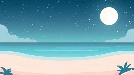 Moonlit beach scene, subtle grain, simple modern clean background, flat design illustration