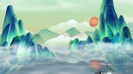 Mysterious landscape China's traditional Oriental Digital Art animation, Chinese retro painting ink misty mountain with flowers, tree, birds, river in fog background. China Japan scenery artwork - Powered by Adobe