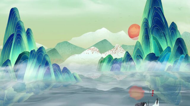 Mysterious landscape China's traditional Oriental Digital Art animation, Chinese retro painting ink misty mountain with flowers, tree, birds, river in fog background. China Japan scenery artwork