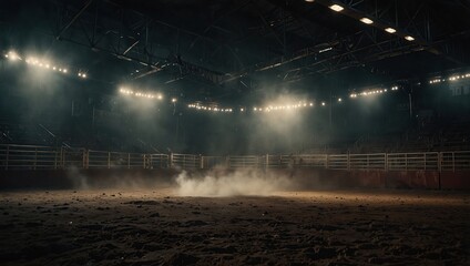 Desolate rodeo arena illuminated by bright lights and lingering smoke. Concept Rodeo Arena, Bright Lights, Smoke, Desolate Setting