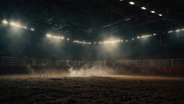 Desolate rodeo arena illuminated by bright lights and lingering smoke. Concept Rodeo Arena, Bright Lights, Smoke, Desolate Setting