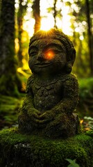 A statue of a buddha sitting on a moss covered rock