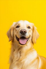 A golden retriever dog sitting in front of a yellow background