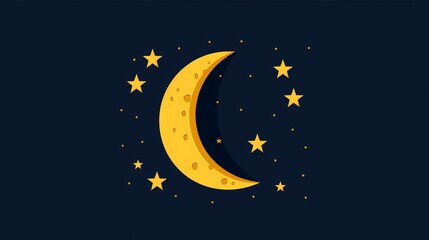 Crescent moon with five stars, minimalist design, clean lines, simple 2D vector, plain background, uncomplicated shapes