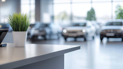 Closeup of front desk reception with green pot of plant and modern luxury row of cars in showroom on blur background
