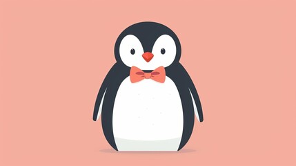 Obraz premium A penguin with a bow tie, minimalist design, clean lines, basic shapes, plain background, 2D vector style