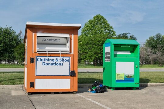 Clothing shoe donation bins recycling pod charity reuse donate giving.