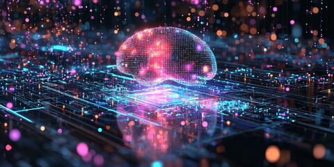 Abstract brain and binary code circuit on blue wallpaper. Chip, data, ai, and future concept