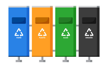 Standing rubbish bin eco friendly recycle diffrent trash flat illustration clipart