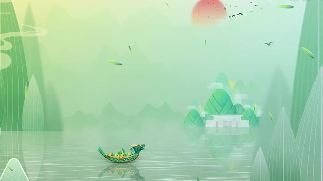 Peaceful Fantasy Chinese style traditional festival Dragon Boat Festival watercolor background, of beautiful morning sky, mountains, flowers, lake, ancient house with simple animation anime style.