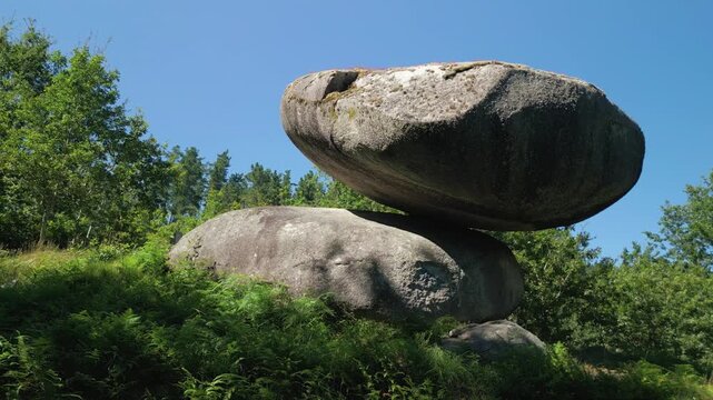 Scenic Balance Stones On The Slopes At Pena do Equilibrio In Ponteareas, Pontevedra, Spain. Closeup Shot