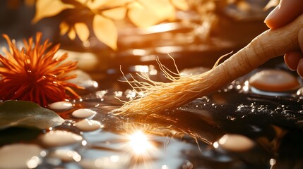 Monotone Silhouette of Detailed Ginseng Root for Beauty Treatment on Bright Natural Background