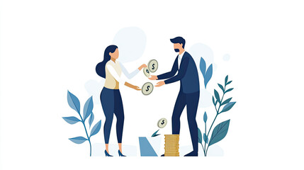 Naklejka premium Illustration of businesspeople exchanging money, symbolizing investment, financial growth, and collaborative business strategy.