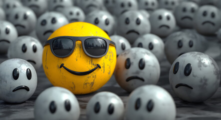 Obraz premium A visually striking image featuring a vibrant yellow smiley face wearing sunglasses, standing out in a crowd of distressed grey faces. 