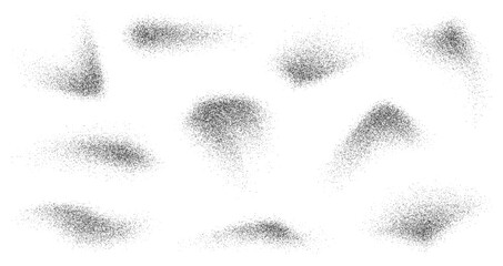 Grain paint spray noise or dust brush and black sand particles, vector abstract shape effects. Paint airbrush wavy sprays in graffiti ink style with grain noise texture of black dots and grainy dust