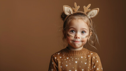 cute little girl in a deer costume on brown backgroud, smiling child, Halloween, party, holiday, children, kid, toddler, baby, carnival, masquerade, outfit, celebration, Christmas, performance, fawn
