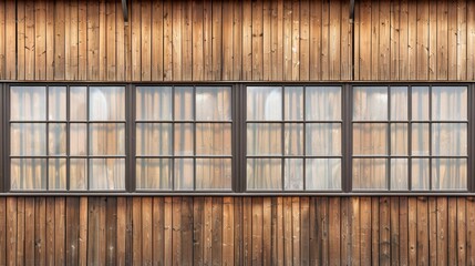Four Large Windows in a Row, Symmetrically Placed on a Rustic Wood Plank Wall Background