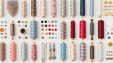 Fototapeta premium Sewing kit for clothing repair, DIY fashion element, vintage style, muted colors, isolated on white background