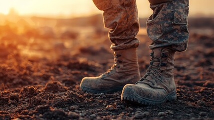 Close-up of soldier's boots on rough ground during sunset in a warzone