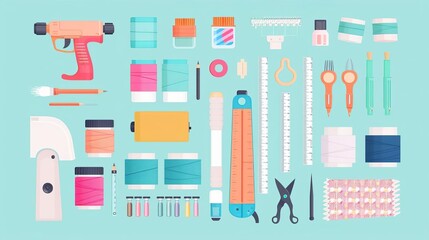 Fabric crafting supplies, tools and materials, flat design illustration